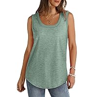 Womens Solid Tank Tops Summer Comfy Loose Sleeveless T-Shirts Ribbed Trim Scoop Neck Curved Hem Tunic Blouses 2024