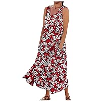 Summer Dresses for Women 2024 Maxi Floral Flex Boxy Fit Floofy Crewneck Trendy Sleeveless Women's Casual Dresses with Pockets