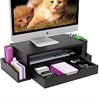 Monitor Stand Riser and Computer Wood Desk Organizer with Drawer and Pen Holder for Laptop, Computer, iMac, Black