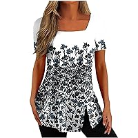 Sexy Summer Tops for Women Square Neck Swing Hem Shirt Blouse Floral Retro Print Smocked Tee Tunic Short Sleeves