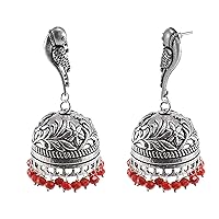 Vintage Indian Bollywood Drop Dangle Red Crystals Chandelier Parrot Jhumka Earrings Jewellery PG-109880