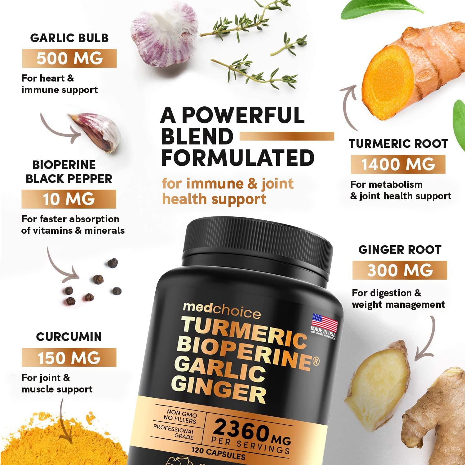 MEDCHOICE Turmeric & Ginger (120ct) and Nootropic Brain (60ct) Supplement Bundle - Wellness Duo for Joint, Digestion, Brain, & Mood Support - Vegan, Non-GMO, Gluten-Free