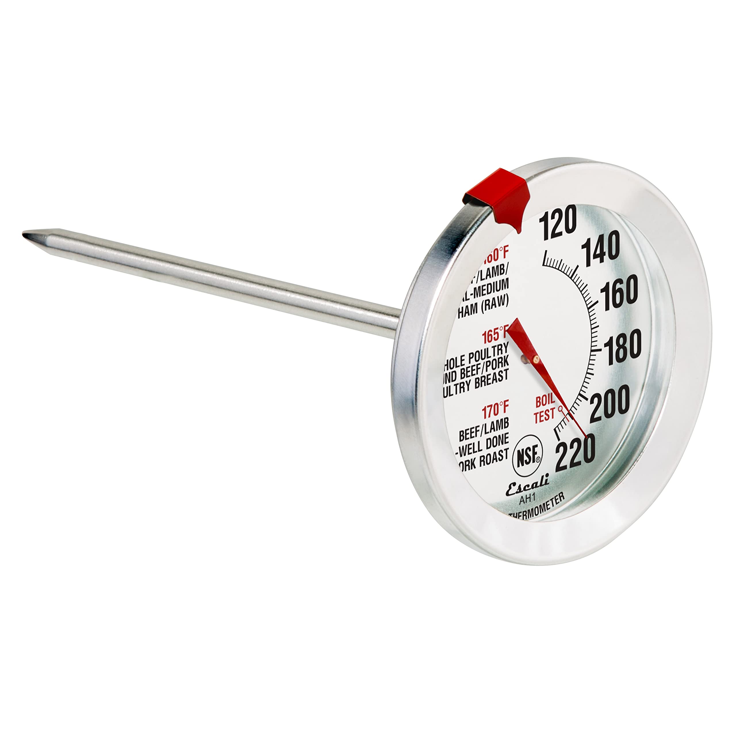 Escali AH1 Stainless Steel Oven Safe Meat Thermometer, Extra Large 2.5-inches Dial, Temperature Labeled for Beef, Poultry, Pork, and Veal Silver NSF Certified