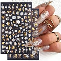 8 Sheets Gold Snowflake Nail Art Stickers 3D Christmas Nail Decals White Snowflakes Self-Adhesive Stickers Xmas Winter Bronzing Nail Designs Holiday Nail Stickers for Women Girls Nail Decorations
