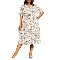 Pinup Fashion Women's Summer Midi Dress Plus Size Casual Shirt Button Down Half Sleeves Sundress with Pockets