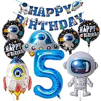 Solar System Planet Astronaut Balloons Rocket Foil Balloons Big Mylar Number Helium Global Happy Birthday Garland Banner for Boy Kids Space Themed 5th Year Birthday Party Decorations