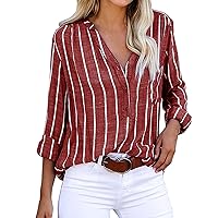 Ladies Fashion Striped Print Lapel Collar Button Long Sleeve Top T-Shirt Long Sleeve Fashion Top