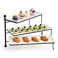 Sweese 3 Tiered Serving Stand, Foldable Rectangular Food Display Stand with White Porcelain Platters - Serving Trays, Dessert Display Server for Brithday Party, Valentine's Day and Events