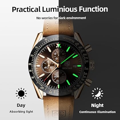 BY BENYAR Mens Watches Analog Waterproof Chronograph Men's Fashion Classic Elegant Wrist Watch with Leather Band Business Work Gifts for Men
