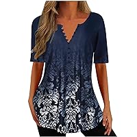 SMIDOW Summer Tunic Tops for Women 2024 Casual Loose Short Sleeve Henley v Neck Shirts Vintage Retro Graphic Tees Blouse
