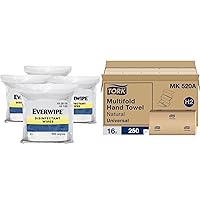 Tork Everwipe Disinfectant Wipe Jumbo Rolls White, Cleans and Deodorizes, 4 x 800 wipes, 192805 (10100) + Tork Multifold Hand Towel Natural H2, Universal, 100% Recycled Fibers, 16 x 250 Sheets, MK520A