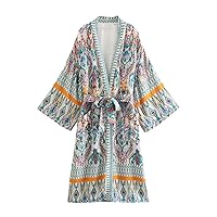 Vintage Chic Autumn Wear Robes Pocket Floral Print Bohemian Kimono Women Femme Casual Beachwear Kaftan Cover-Up