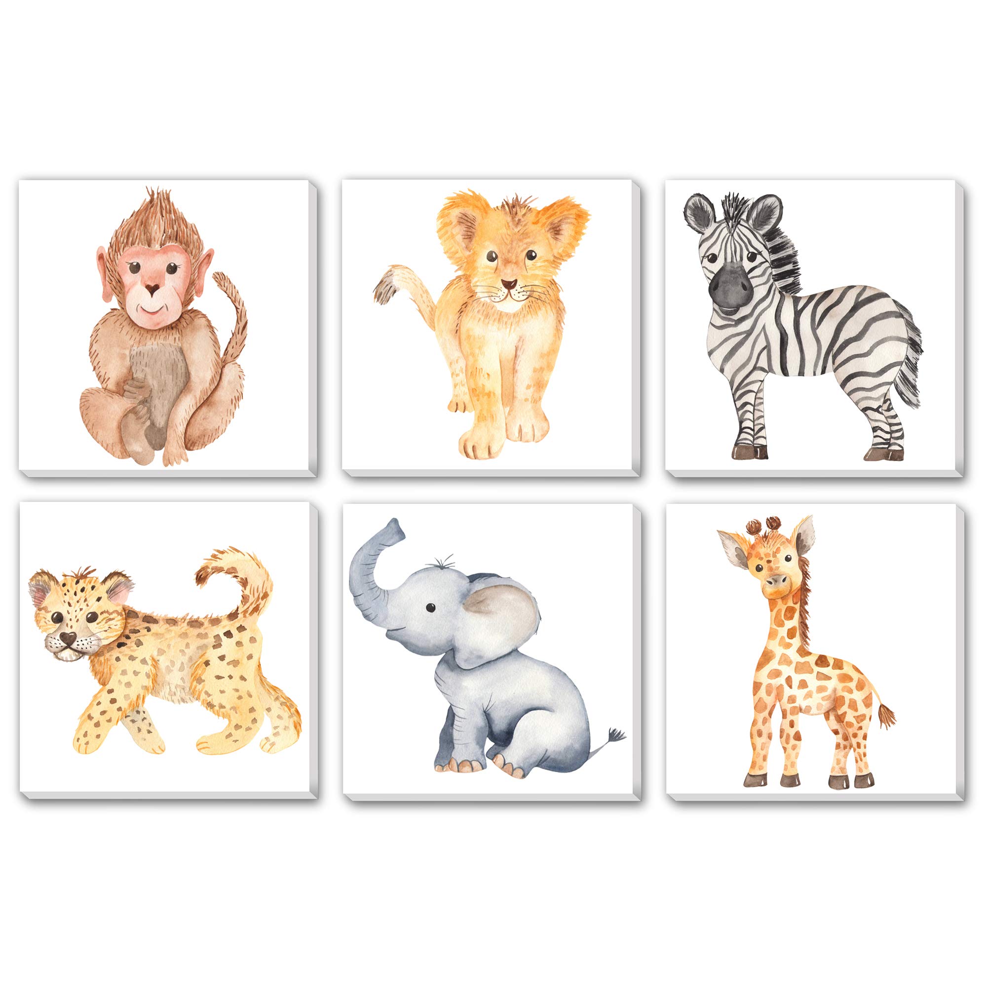 TEXTURE OF DREAMS Watercolor Cute Baby Africa Jungle Animals Print on Canvas Wall Art, Lion Monkey Elephant Giraffe Leopard Zebra, Safari Wild Anim...
