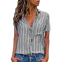 Andongnywell Women's Multicolor Lapel Striped Casual Loose Button Top Short Sleeve Blouse Vertical Pattern Blouses