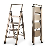 4 Step Ladder, Aluminum Folding Step Stool with Anti-Slip Pedal Capacity Sturdy& Portable Lightweight Ladder for Home Kitchen Library Office Gold