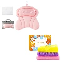Ergonomic Pink Bath Pillow for Tub and 2 Pieces African Net Bath Sponge Authentic & 1 Pieces Korean Exfoliating Washcloth
