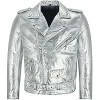 Mens Silver Foiled Metallic Biker Faux Leather Jacket - Brando Motorcycle Leather Jacket