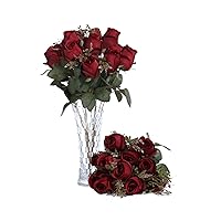 FlueHouzz Artificial Roses Flowers Fake Silk Rose Bouquet 12 Heads 2 Packs of Realistic Blossom Roses for Home Wedding Party Floral Decoration Table Centerpieces, Burgundy