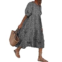 Solid Color Long Dress for Womens Linen Puff Short Sleeve Crewneck Tiered Dress Casual Loose Swing Long Maxi Dress