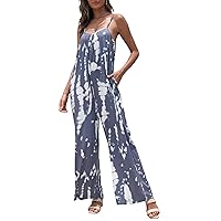 Women's Loose V Neck Sleeveless Jumpsuits Adjustable Spaghetti Strap Romper Casual Wide Legs Pants with Pockets