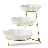 3 Tier Serving Stand with Porcelain Serving Platter, 3 Tier Serving Trays with Collapsible Rack, Tiered Serving Platters Dessert Table Display Set (Gold)