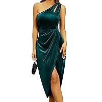 MEROKEETY Women's Sexy One Shoulder Party Dress Velvet Cutout Ruched Bodycon Slit Cocktail Midi Dresses