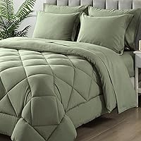 Queen Size Comforter Set, 7 Pieces Bed in a Bag, Bedding Sets with All Season Soft Quilted Lightweight Comforter, Flat Sheet, Fitted Sheet, 2 Pillow Shams, 2 Pillowcases, Sage Green