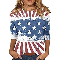 Women's 3/4 Sleeve Blouse Fourth of July Women's Tops Fit Print Solid Color Women's Cute Basic Tee 2024
