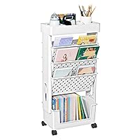 5 Tier Rolling Utility Cart Multi-Functional Movable Storage Book Shelves with Lockable Casters for Study Office Kitchen Classroom, White