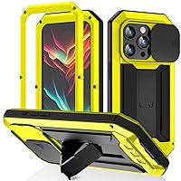 Case for iPhone 15/15 Pro/15 Plus/15 Pro Max, Metal Bumper Silicone Case with Sliding Camera Lens Cover & Kickstand & Screen Protector, Military Shockproof Rugged Case,Yellow,iPhone15 ProMax