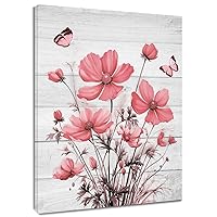 ECOTOB Wildflower Butterfly Wall Art, Pink Flowers and Butterflies on Grey Rustic Board Canvas Wall Art, Farmhouse Plant Abstract Wall Art for Living Room Bedroom Bathroom, 16L x 12W Inches