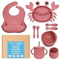 Baby Led Weaning Supplies - Silicone Baby Feeding Set - Ultra Complete Silicone Suction Plate Set. 9 Pieces Toddler Baby Dish Set - First Stage Solid Food Eating Baby Utensils - 6+ Months - Crab Shape