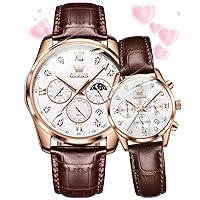 OLEVS Valentines Couple Pair Quartz Watches His and Her Couple Set Leather Chronograph Diamond Wrist Watch Men Women Lovers Wedding Romantic Gifts Set of 2