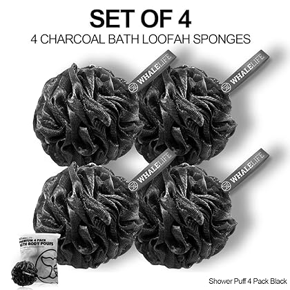 Shower Puff 4 Pack Black Bath Sponge Shower Loofahs Pouf Ball Nature Bamboo Charcoal Mesh Bulk Puffs Large, Shower Essential Skin Care by WhaleLife