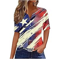 Patriotic TopsWomen Button Henley Shirts 4th of July Short Sleeve Summer T-Shirts Trendy Art USA Flag Print Blouses