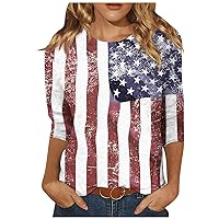 4th of July Tops for Women,Women's Fashion Casual Seven Sleeve Independence Day Element Printed Round Neck Top