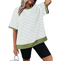 Dokotoo Oversized T Shirts for Women Striped Color Block Crewneck Short Sleeve Casual Summer Tops Lightweight Loose Blouses