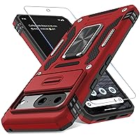 DEERLAMN for Google Pixel 8 Case with Slide Camera Cover+Screen Protector (1 Pack), Rotated Ring Kickstand Military Grade Shockproof Heavy Duty Protective Cover -Red