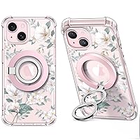 GVIEWIN Bundle - Compatible with iPhone 15 Plus Case Floral (Magnolia) + Magnetic Phone Ring Holder (Pink)