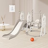 4-in-1 Kids Slide and Swing Set - Perfect for Toddlers 1-5 Years - Extra-Large Indoor and Outdoor Playground - Includes Slide, Swing, Basketball Hoop, and Climber – Grey and White