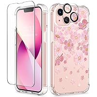 Designed for iPhone 13 Case 6.1 Inch, with Tempered Glass Screen Protector + Camera Lens Protector Clear Flower Soft & Flexible Shockproof Floral Women Phone Cover (Magnificent/Pink)