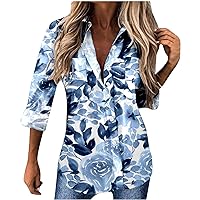 Women Tropical Hawaiian Button Down Lapel Casual Shirts Summer Dressy Loose Vacation Tunic Blouses with Pockets