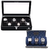 Saffiano Watch Roll Travel Case in Slate Grey Cross Stitch & 12 Slot Watch Box Organizer - Protect, Store, & Display Fine Timepieces