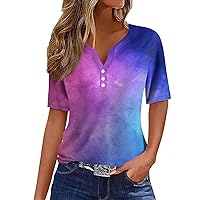 Ladies Tops and Blouses, Women's T Shirt Tee Print Button Short Sleeve Daily Weekend Fashion Basic V- Neck Regular Top