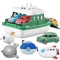 Ferry Boat with 4 Car and 4 Wind Up Bath Swimming Toys, Kids Bath Toy Floating Vehicle Whales Submarines Swans Rockets, Bathtub Bathroom Pool Beach Toy Set for Toddlers Boys Girls