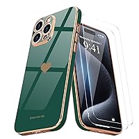 Teageo for iPhone 15 Pro Max Case with Screen Protector [2 Pack] Girl Women Cute Girly Love-Heart Luxury Gold Soft Camera Protection Silicone Shockproof Phone Case iPhone 15 Pro Max, Darkish Green