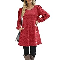 Plus Size Fall Dresses for Women Classic Solid Color Long Sleeve Round Neck Side Buttons Casual Dress with Pockets