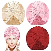 3 Pieces Silk Hair Wrap for Sleeping Women Bonnet Silk Sleeping Bonnet Elastic Hair Care Sleep Cap for Natural Curly Hair (Red, Pink, Champagne)