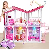 Doll House with Color Change Car, 2-Story Large Dollhouse with 11.5 Inch Dolls, Plastic Walls, Lights, Stairs, Furnitures & Accessories, Playhouse Gift for 3 to 12 Year Olds Girls Kids