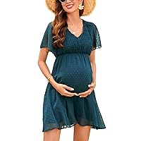 KOJOOIN Women's Maternity Dress Short Sleeve Summer Dress V Neck Photography Midi Dress for Baby Shower